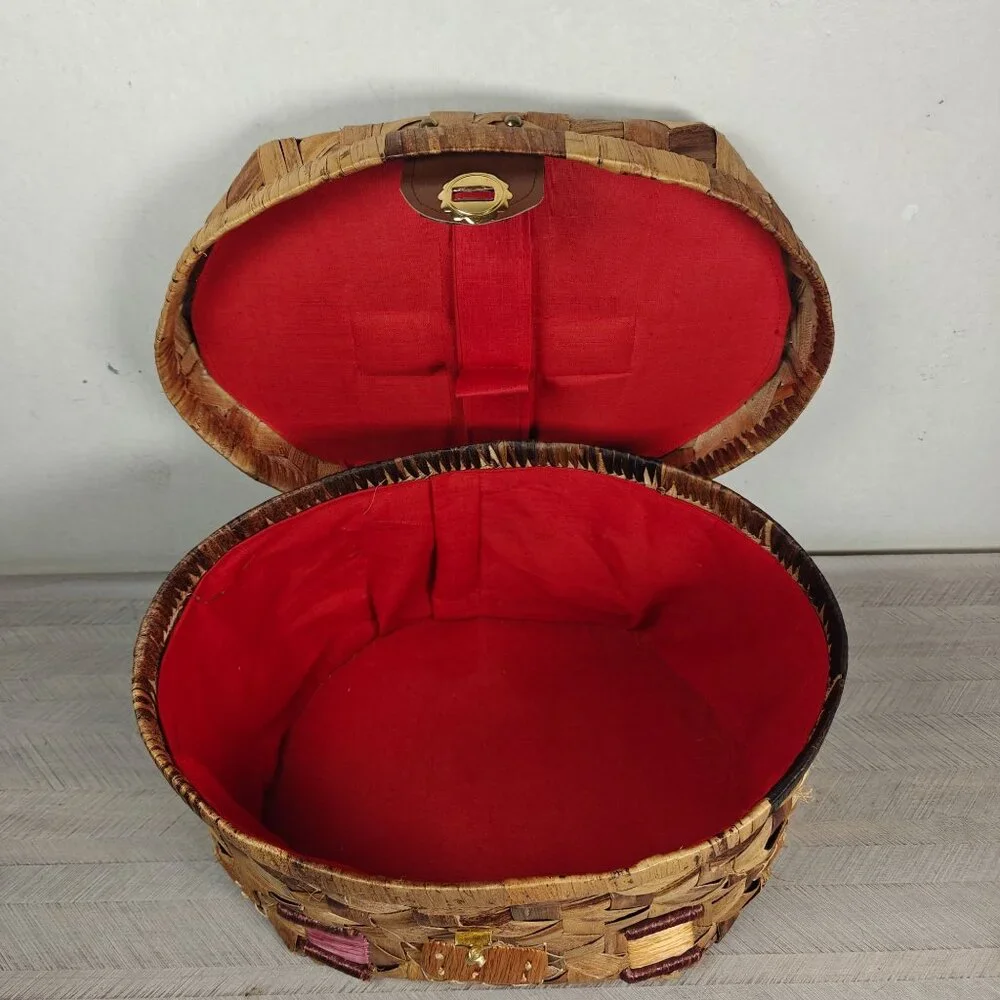 Vintage Handwoven Wicker Sewing Basket With Lid & Decorative Accents